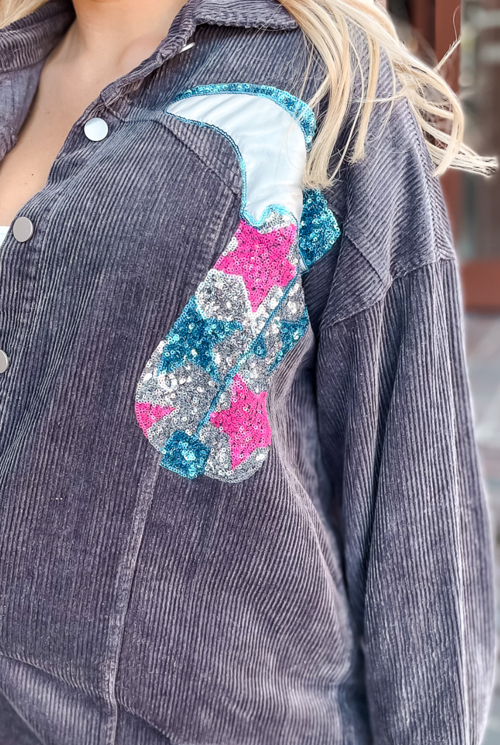 Sequin Cowboy Boot Corduroy Shacket - Charcoal