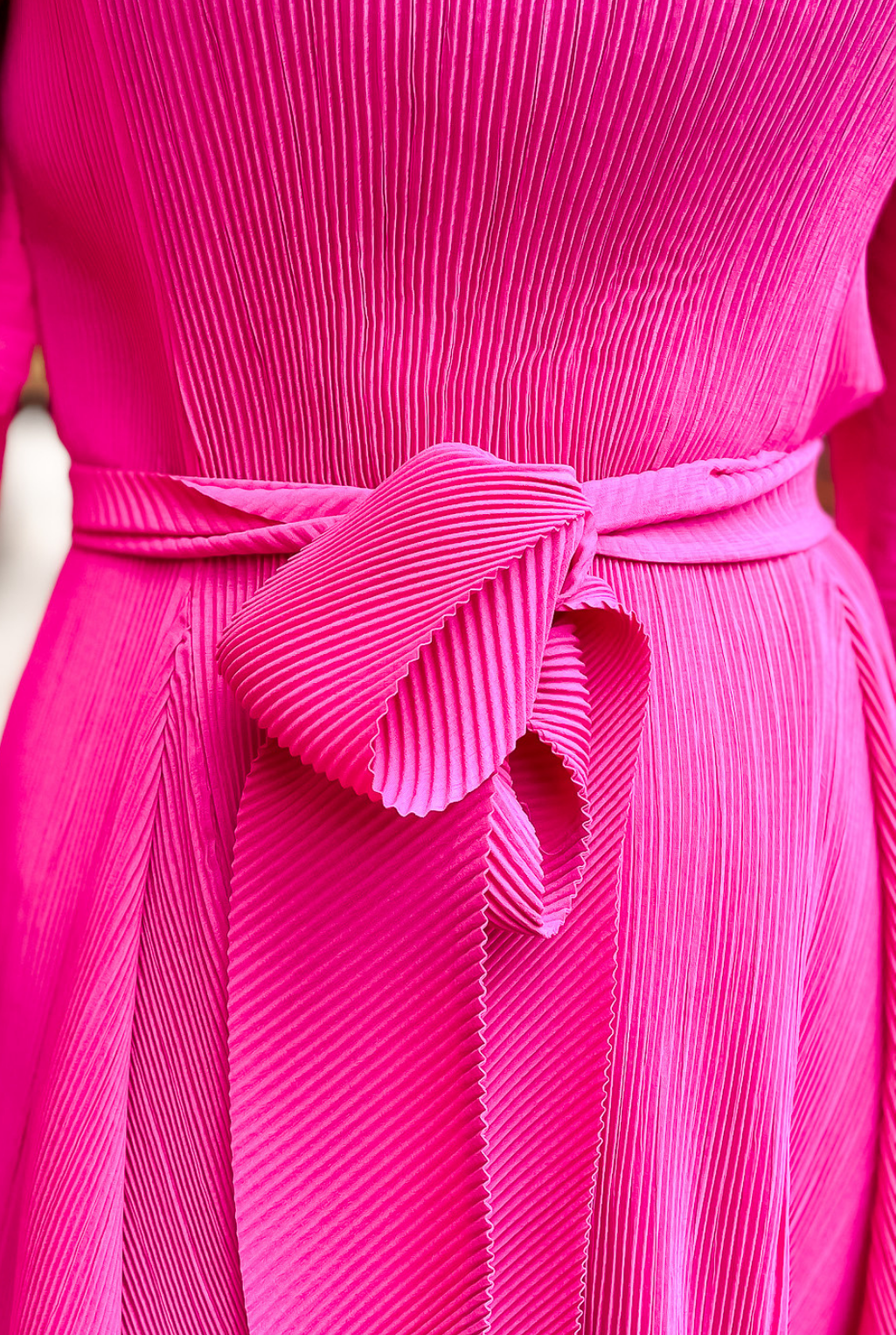 Pleated Bell Sleeve Dress - Fuchsia