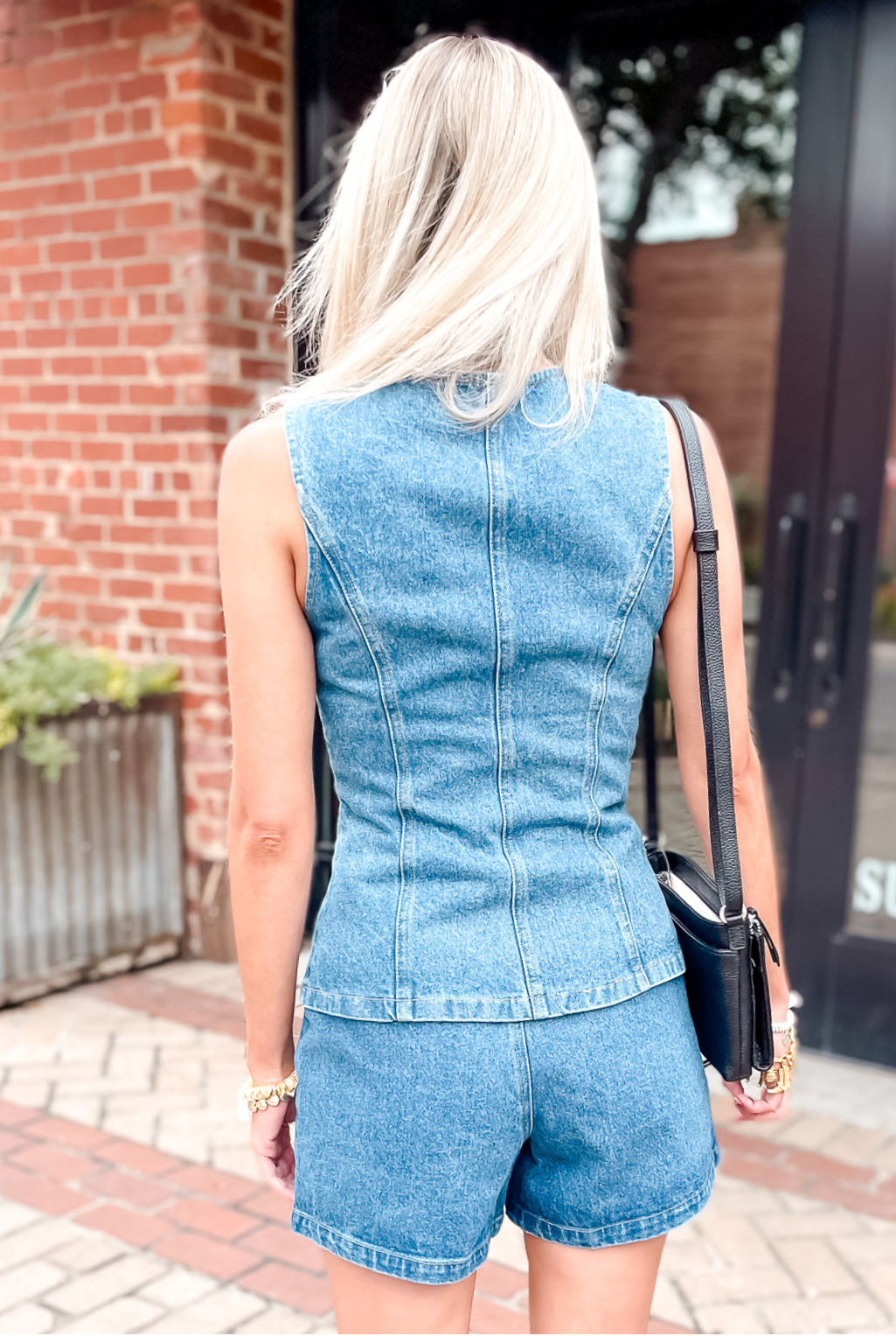 Denim Button Vest Short Set - Dark