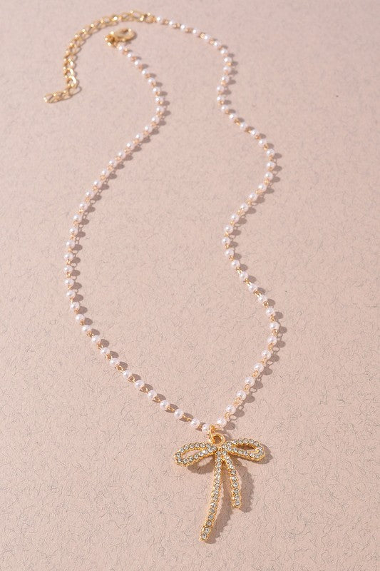 Rhinestone Bow & Pearl Necklace