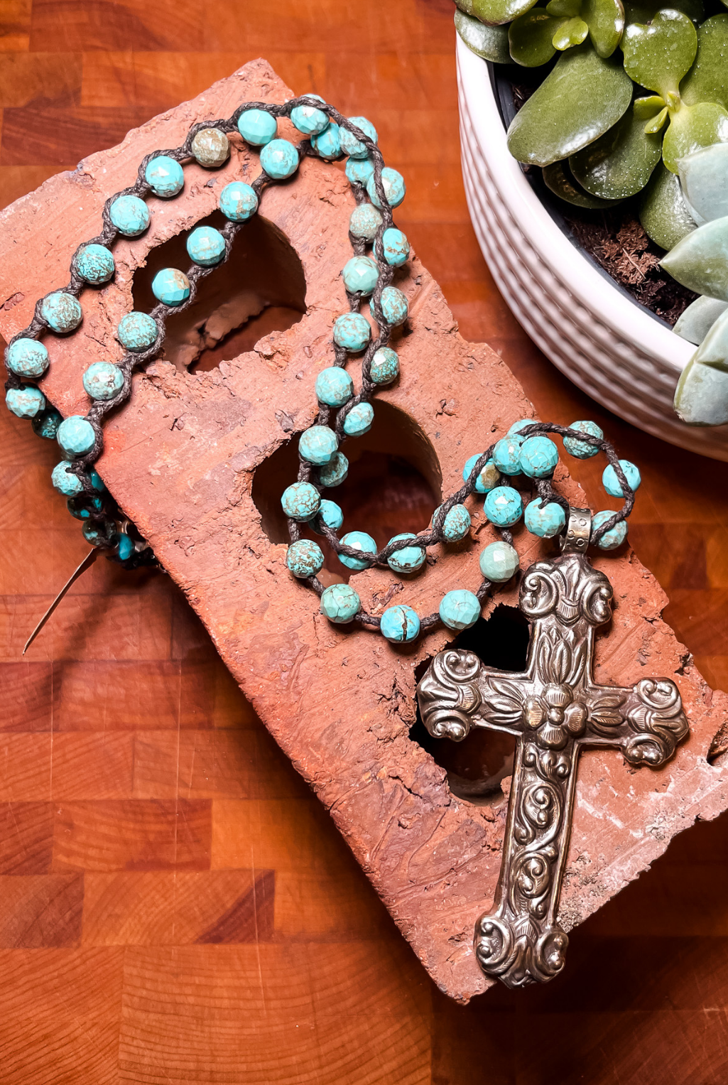 Floral Cross Necklace - Turquoise