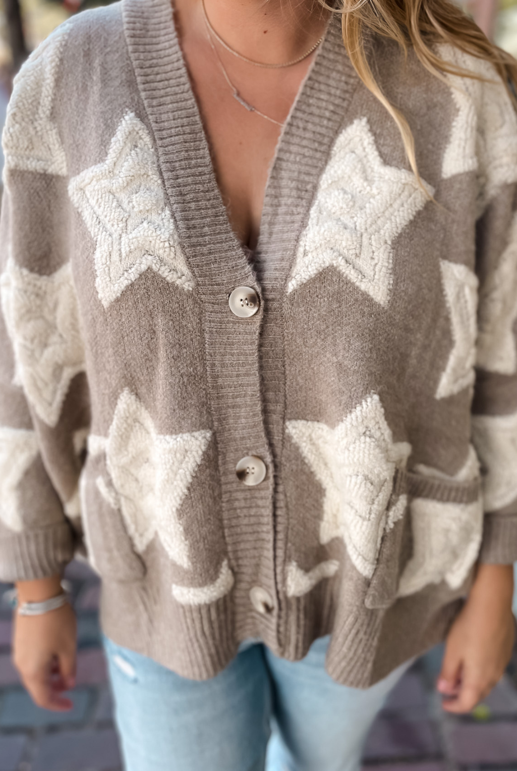 Star Print Boxy Cardigan - Taupe
