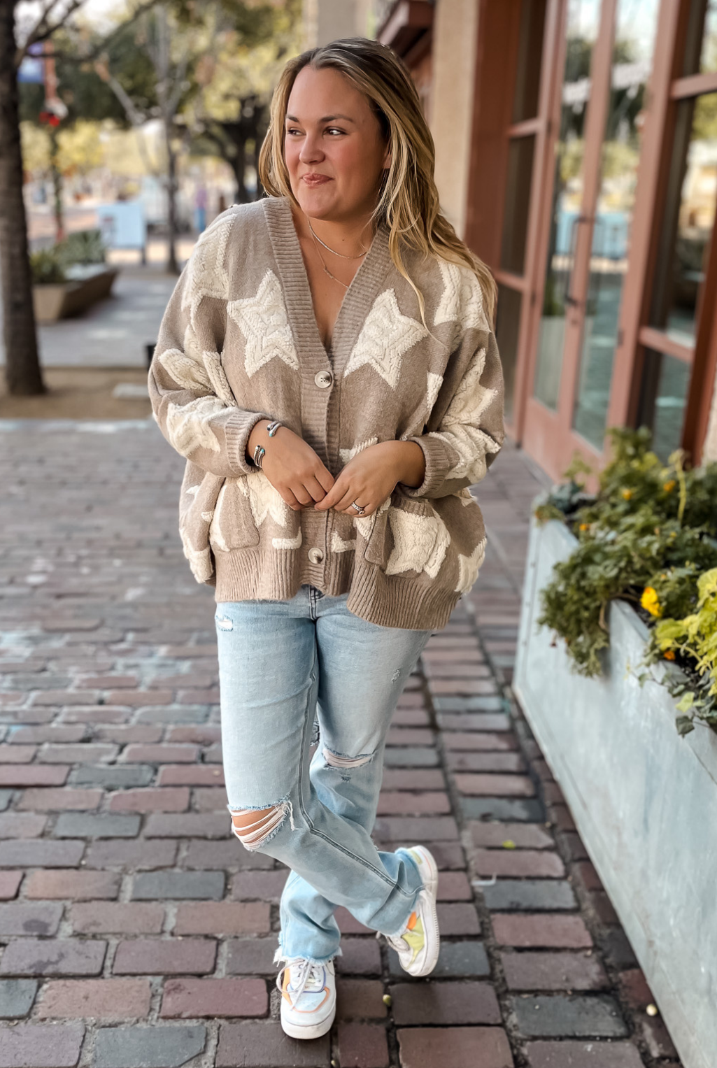 Star Print Boxy Cardigan - Taupe