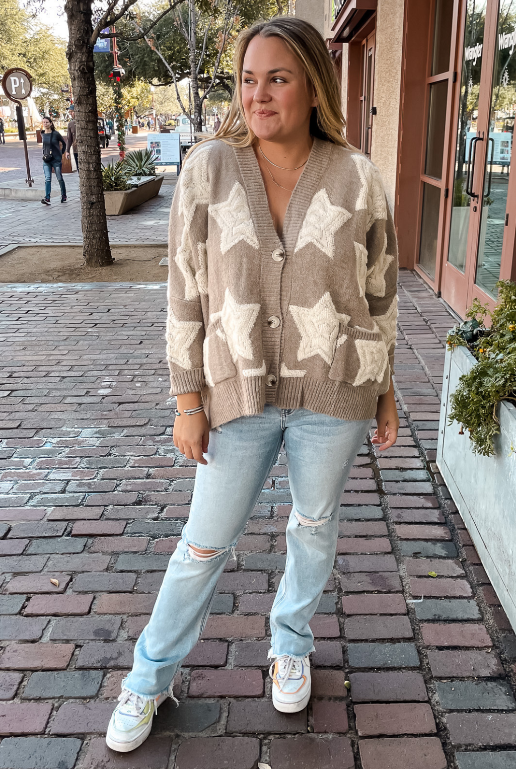 Star Print Boxy Cardigan - Taupe