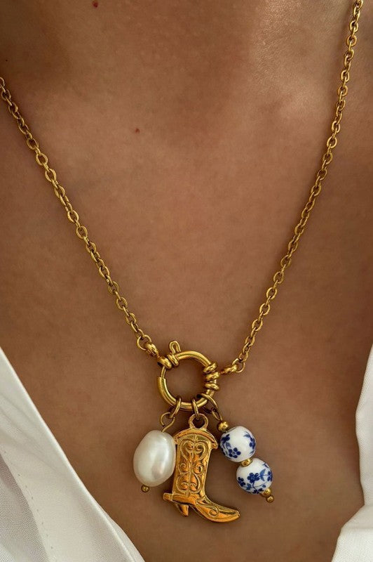 Boot/Pearl/Blue Porcelain Charm Necklace
