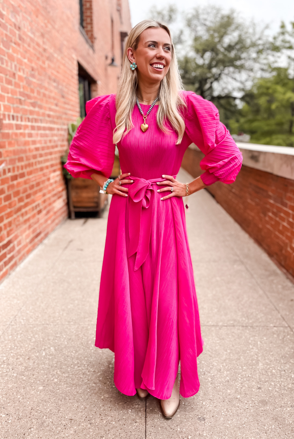 Pleated Bell Sleeve Dress - Fuchsia