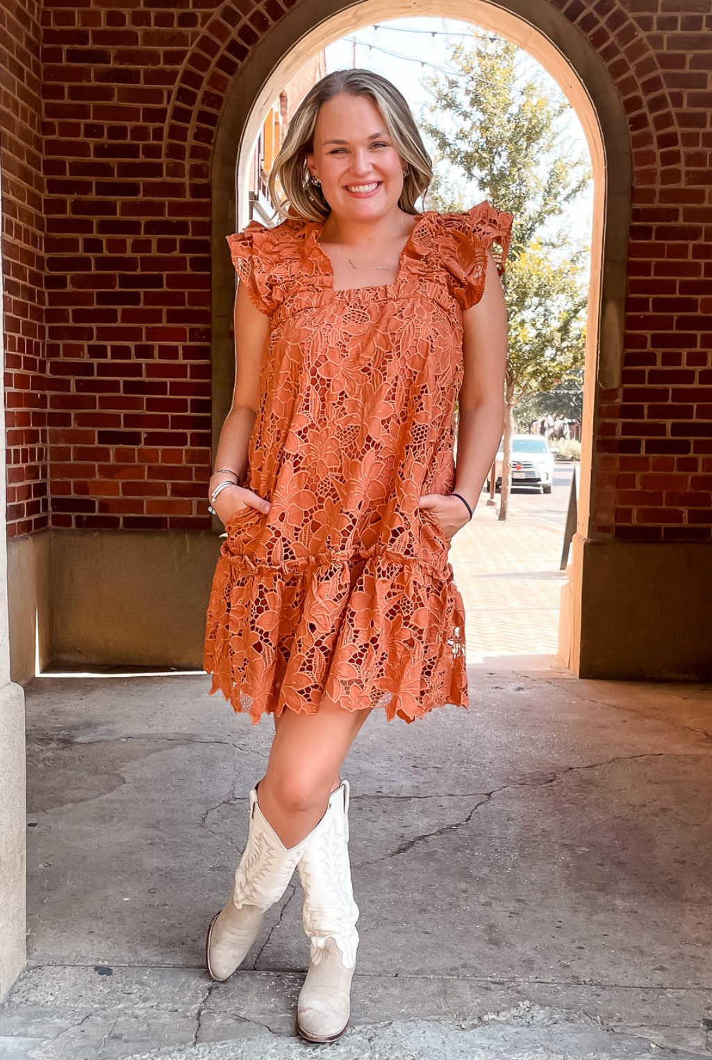 J Marie - Pia Lace Dress - Burnt Orange Tucker Brown J Marie - Pia Lace Dress - Burnt Orange Tucker Brown