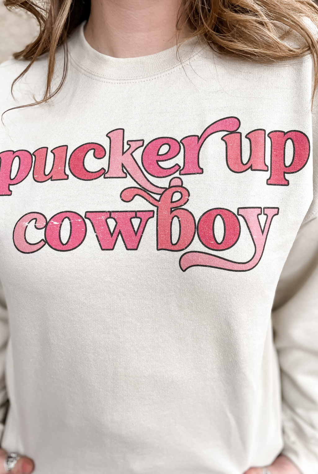 Pucker Up Cowboy Sweatshirt - Sand