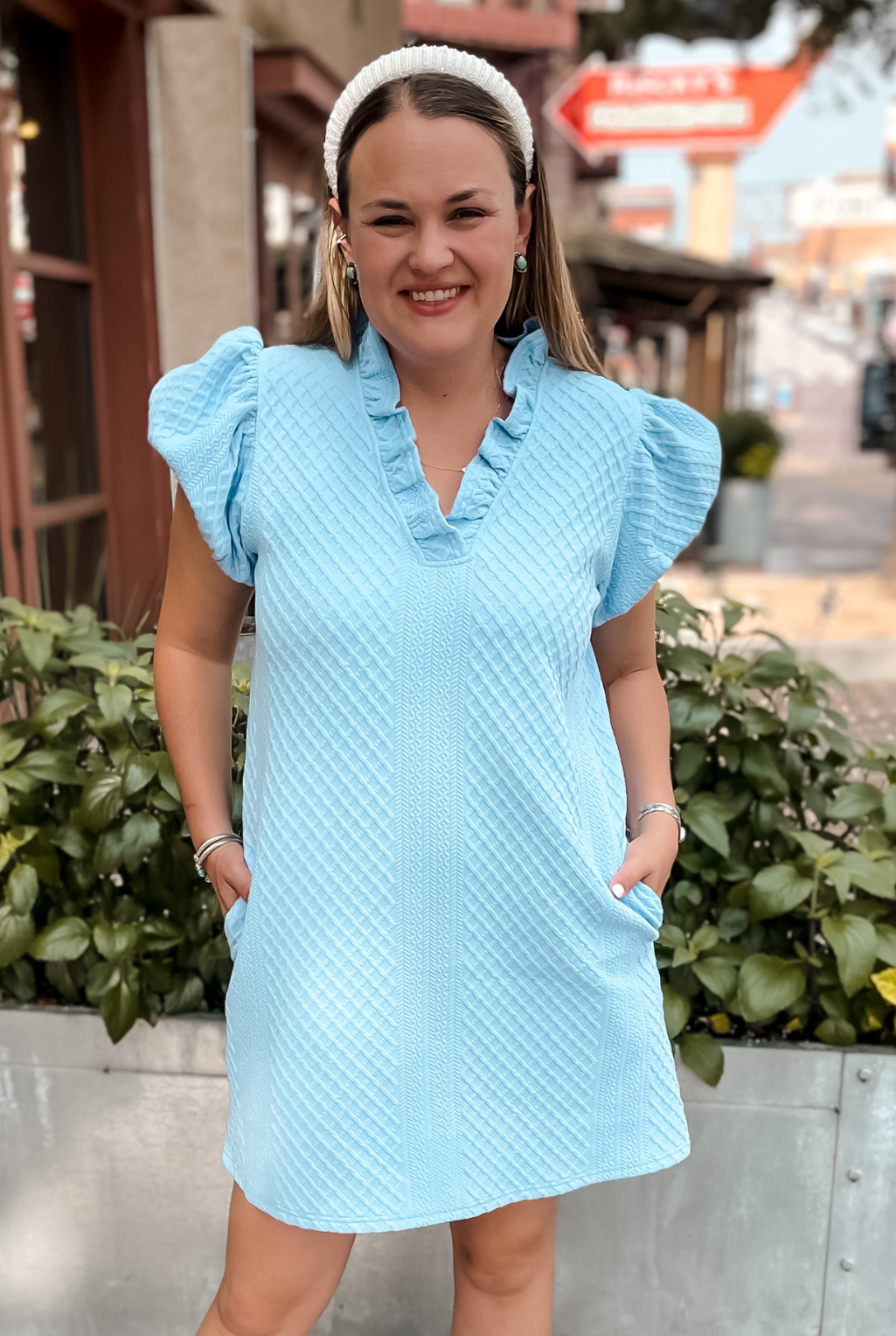Ruffle V-Neck Textured Dress - Blue