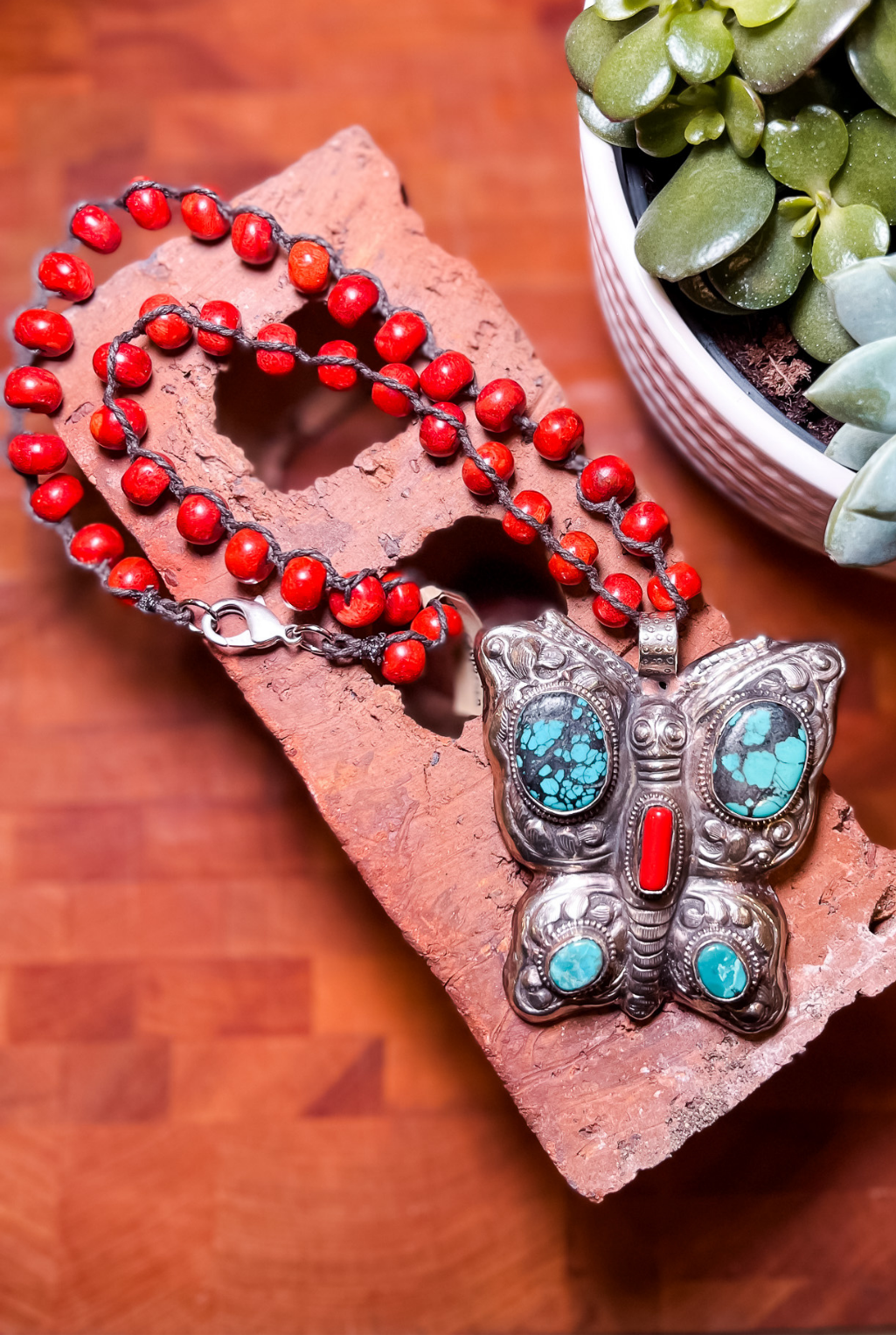 Coral +Turquoise Butterfly Necklace