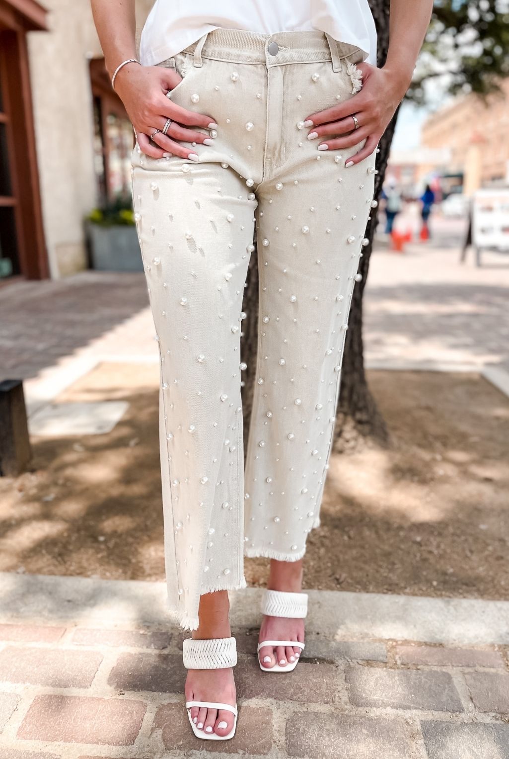 Pearl Beaded Jean - Beige