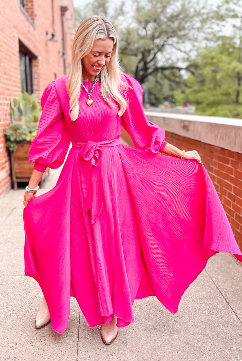 Pleated Bell Sleeve Dress - Fuchsia