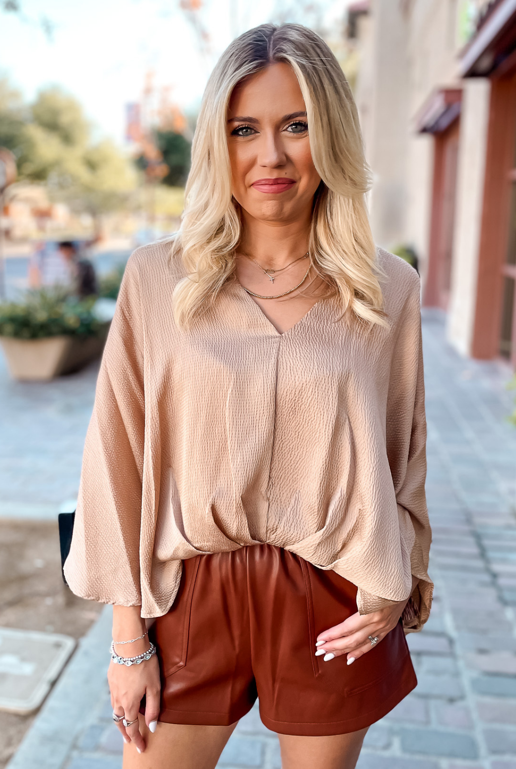 Hammered Satin Front Tuck Top - Tan