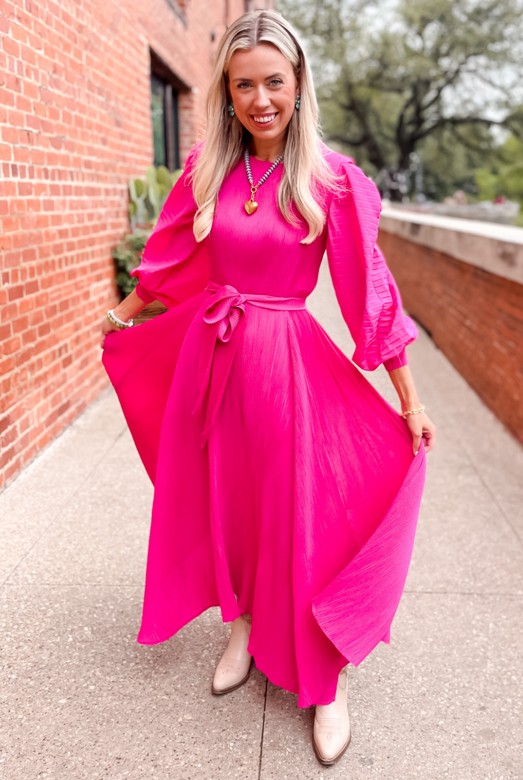 Pleated Bell Sleeve Dress - Fuchsia