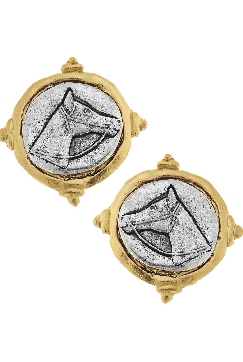 Gold and Silver Intaglio Horse Pierced Earrings