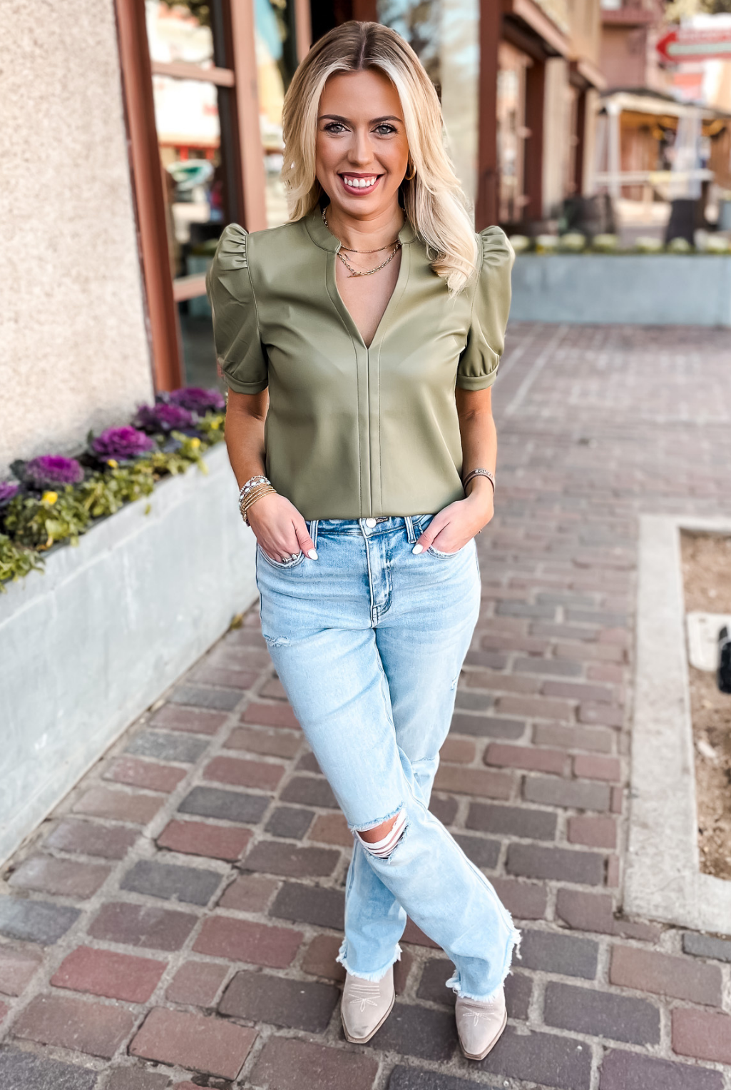Jane Faux Leather Top - Olive