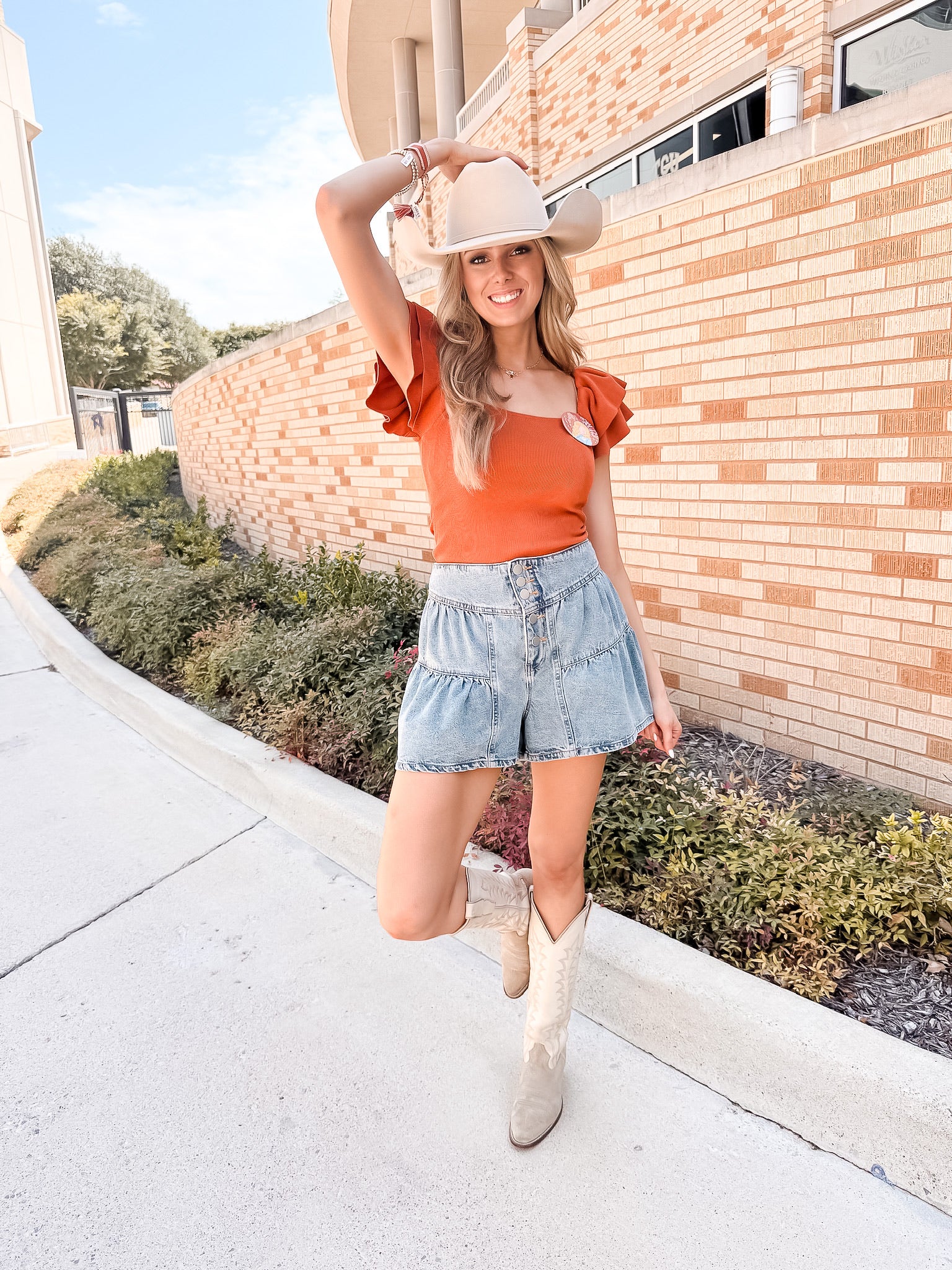 Ruffled Ribbed Knit Top - Orange