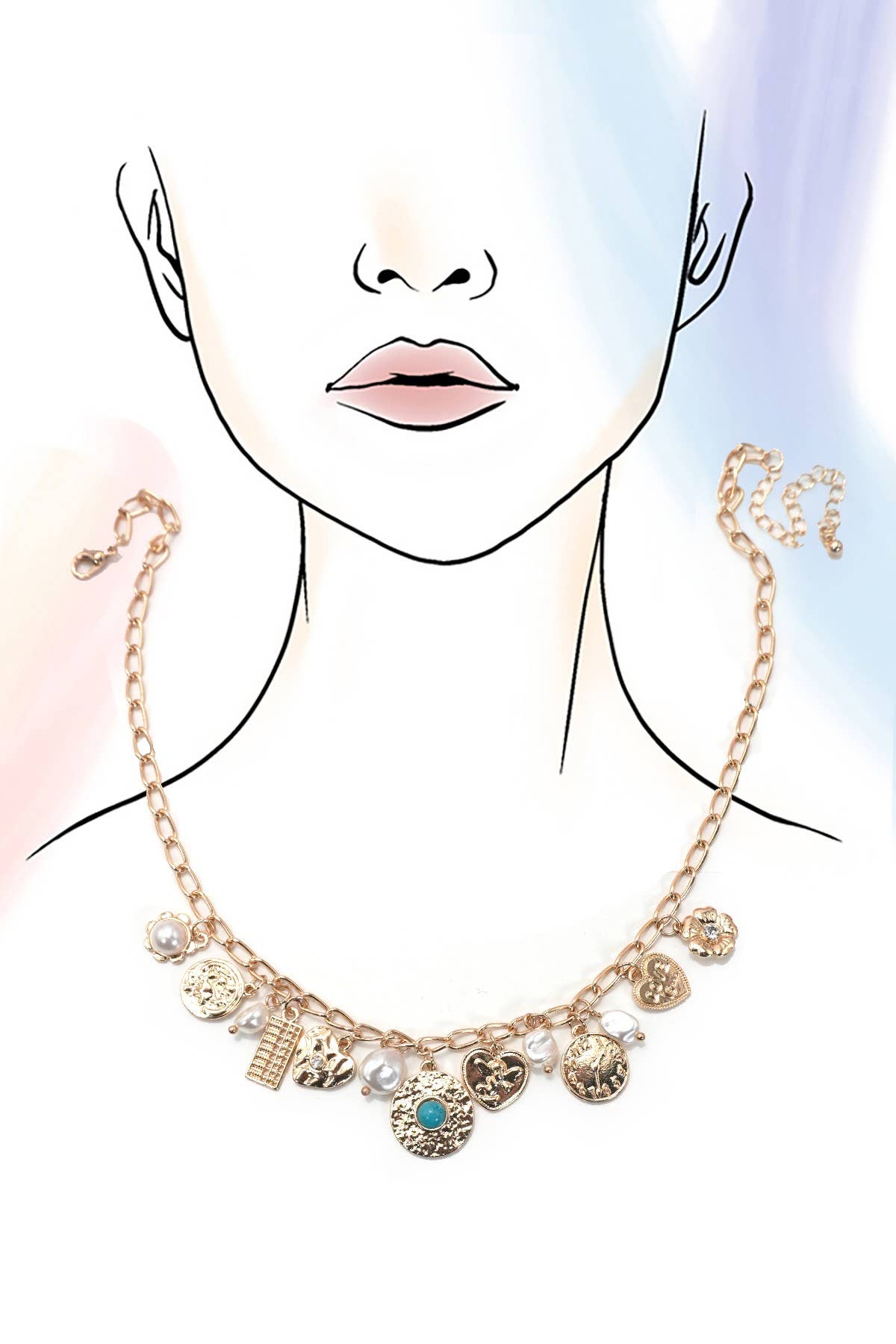 Turquoise Coin & Pearl Charm Necklace