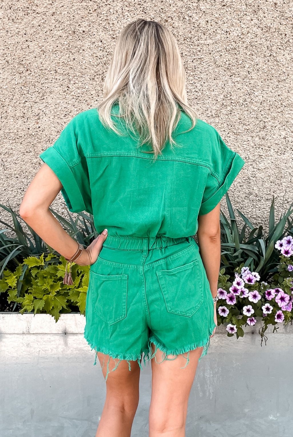 Distressed Hem Romper - Emerald