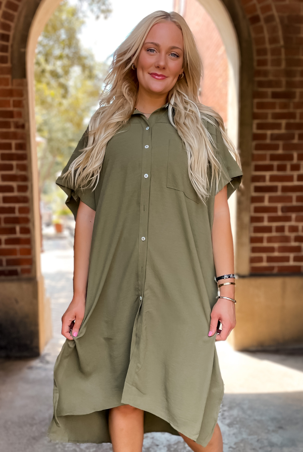 Oversized High/Low Shirt Dress - Olive