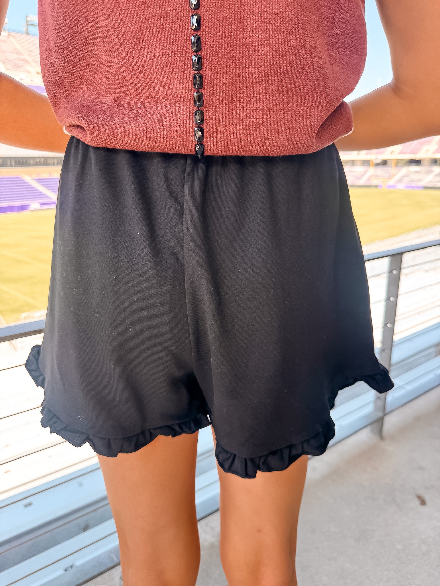 Ruffle Trim Knit Shorts - Black