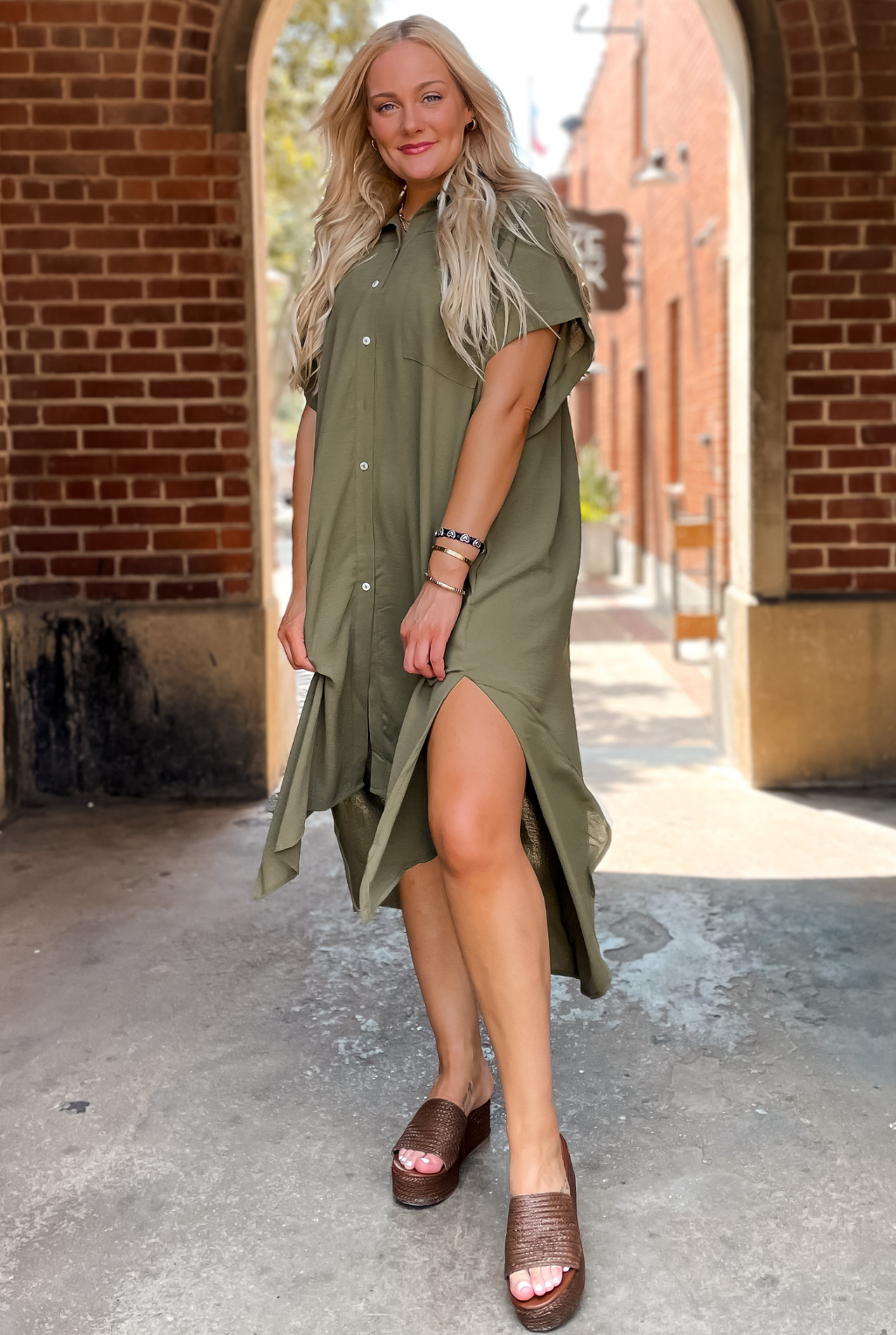 Oversized High/Low Shirt Dress - Olive