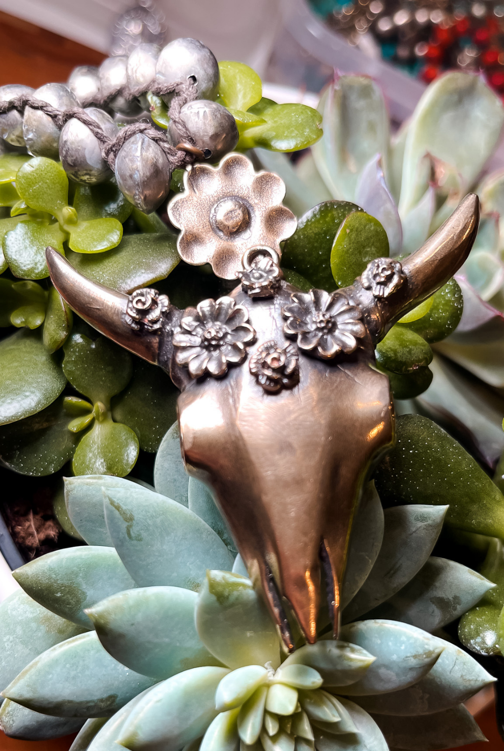 Floral Cow Skull Necklace