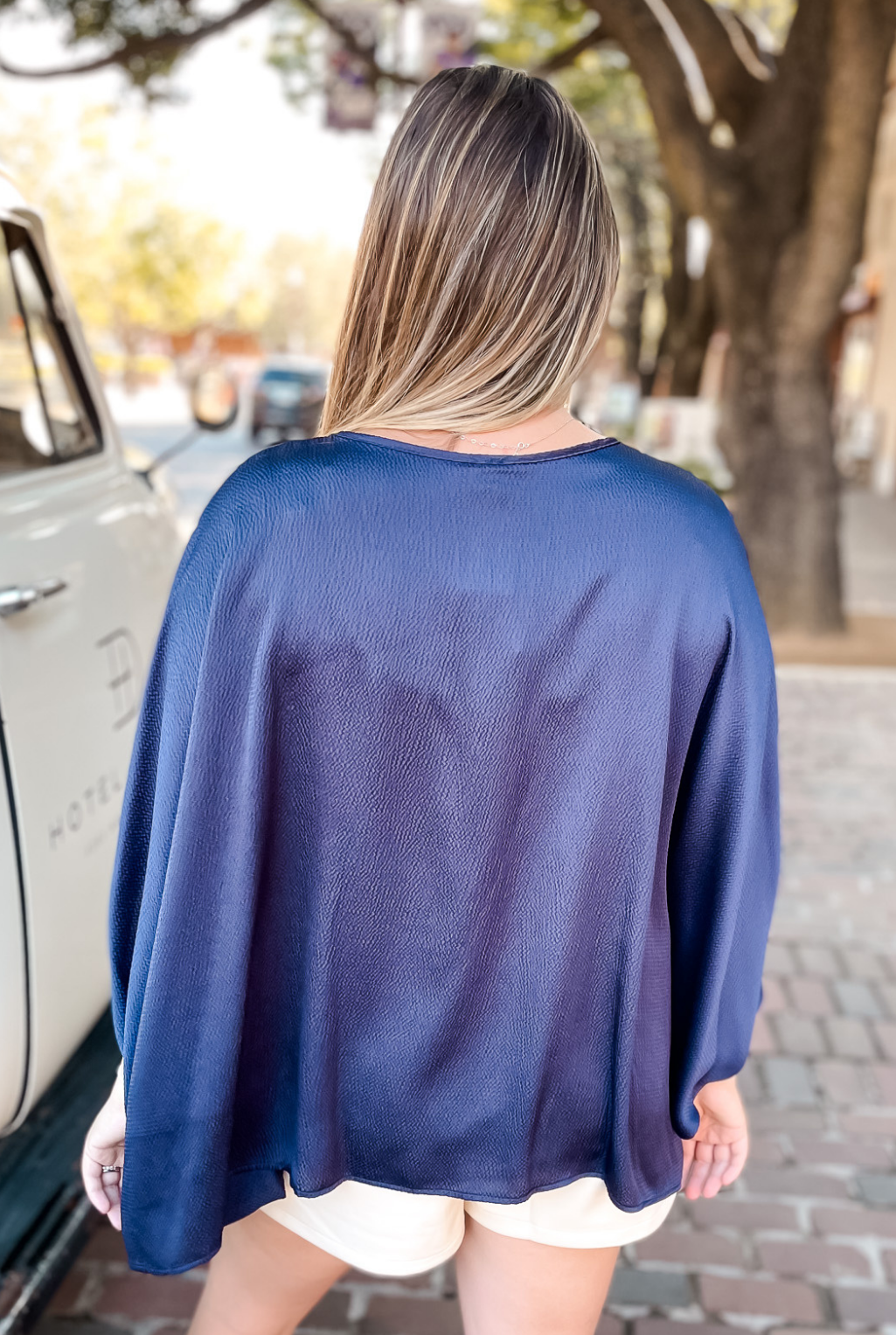 Hammered Satin Caftan Top - Navy