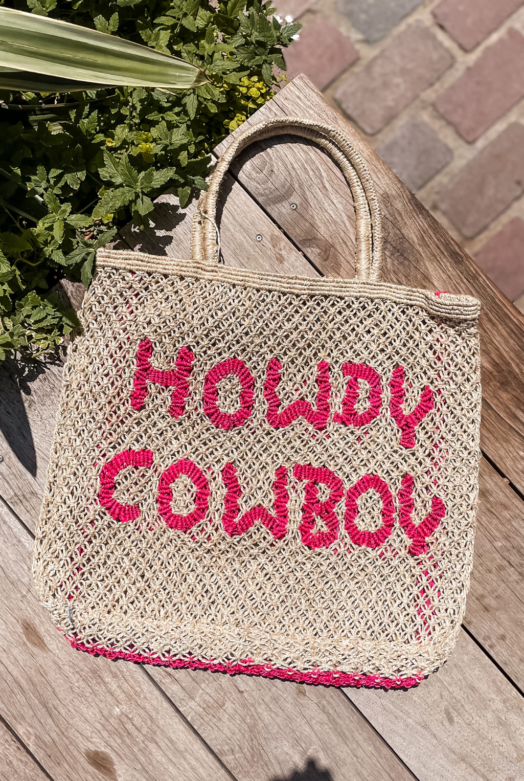 Howdy Cowboy Jute Handbag - Berry