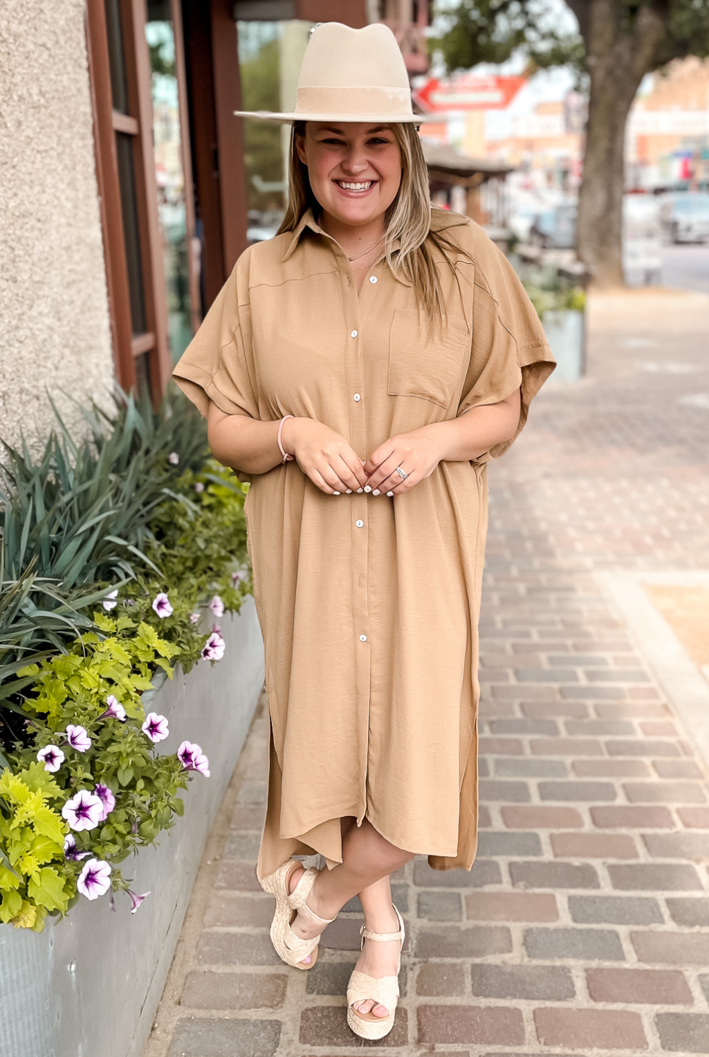 Oversized High/Low Shirt Dress - Taupe