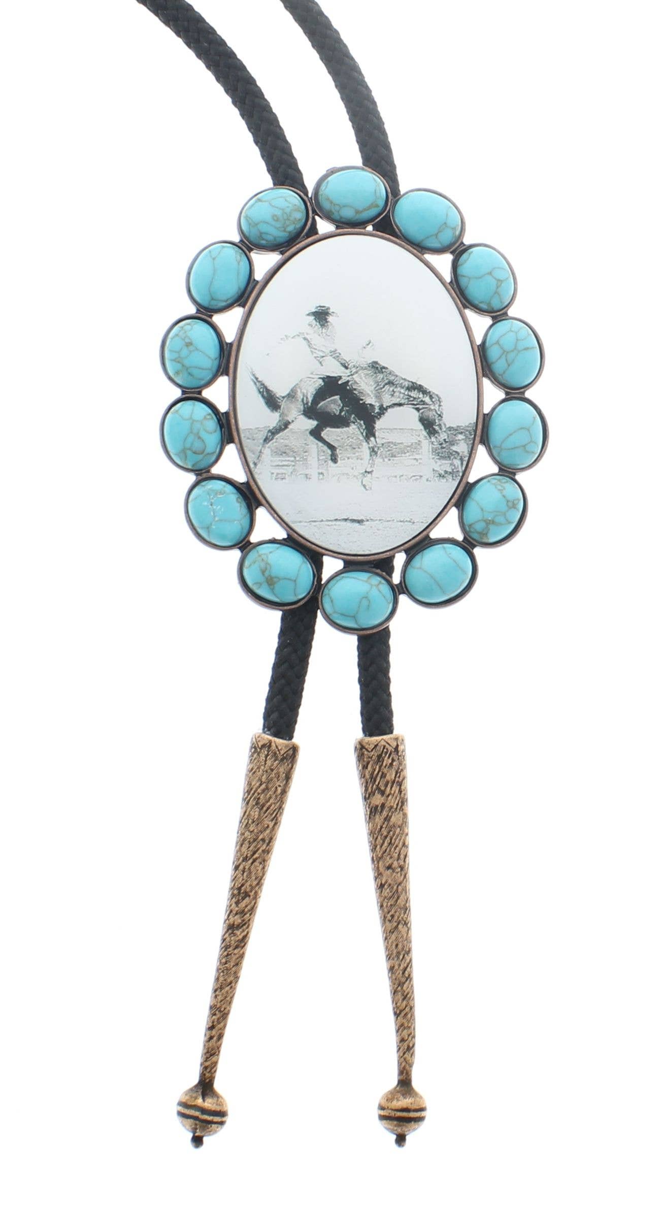 Cowboy Bull Riding Bolo Tie with Turquoise Stones, each