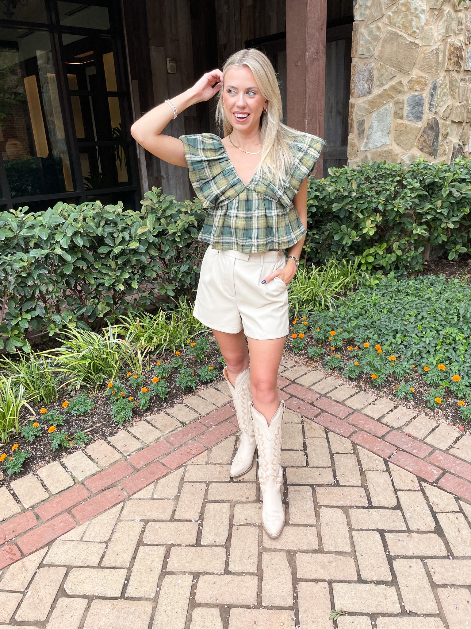 Plaid Ruffle Crop Top - Green