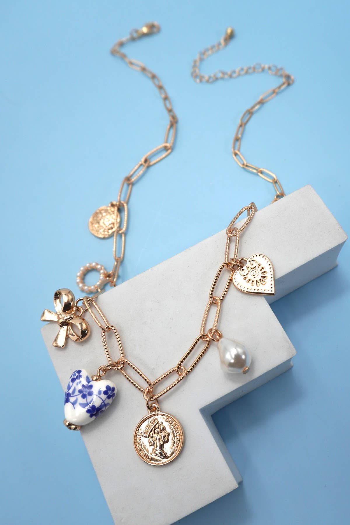 ZZ Blue Porcelain Heart Charm Necklace