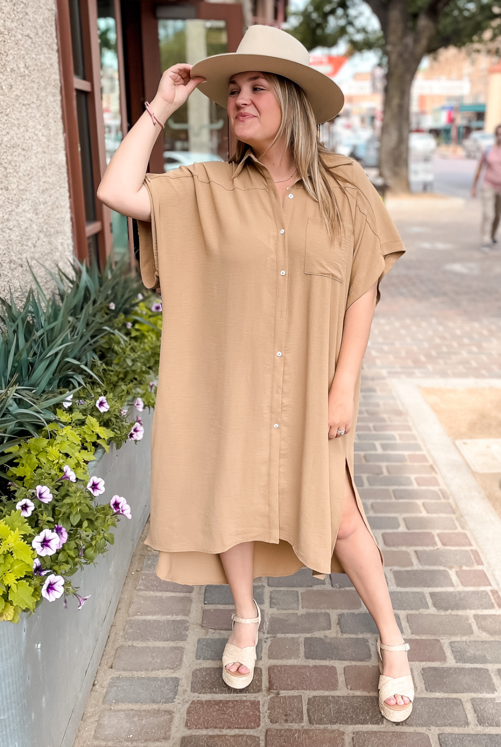 Oversized High/Low Shirt Dress - Taupe