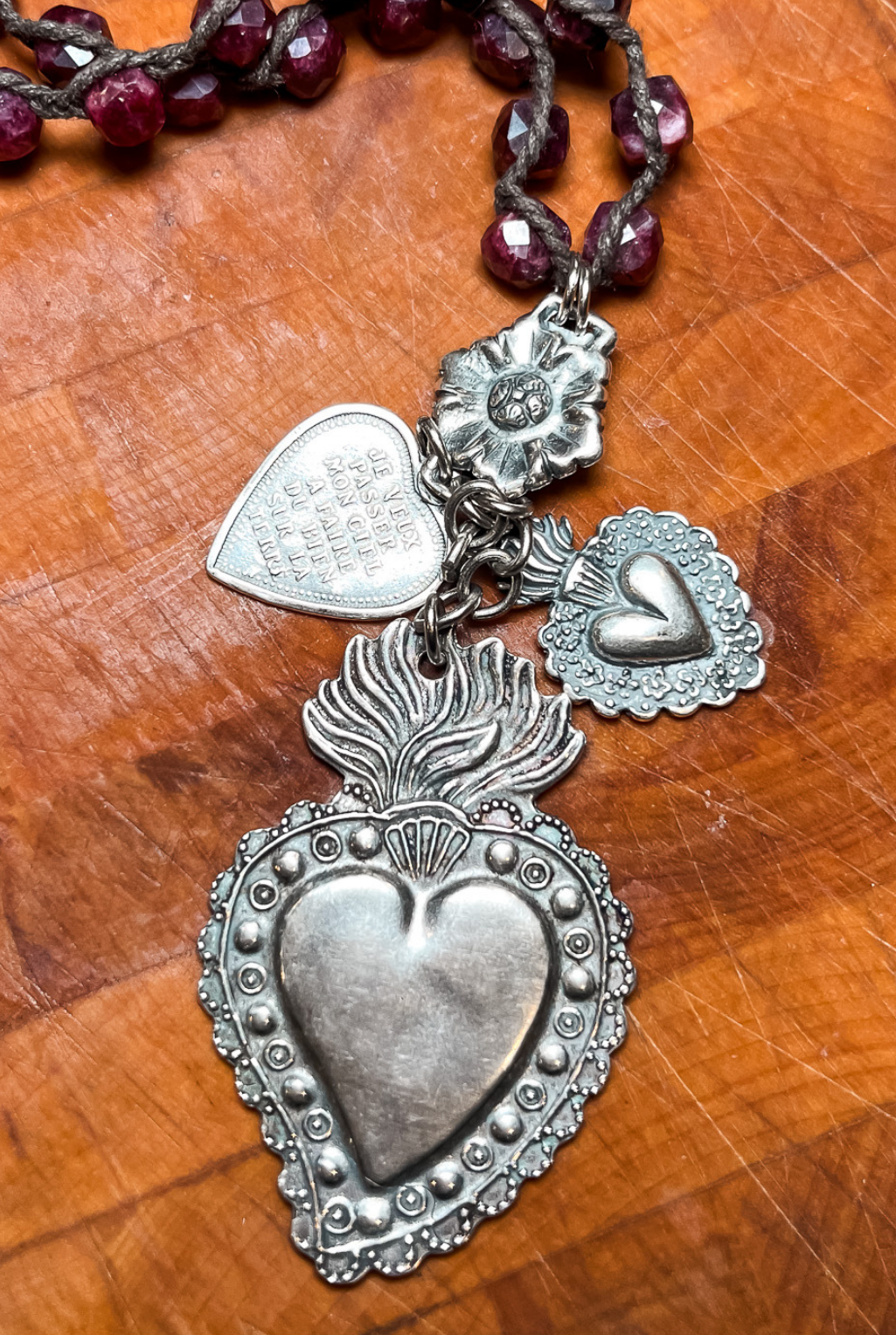 Sacred Heart Charm Necklace - Ruby