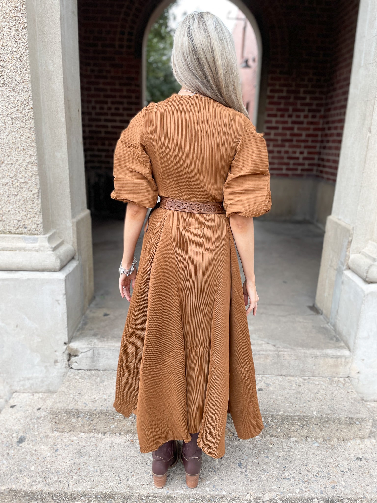 Pleated Bell Sleeve Dress - Brown