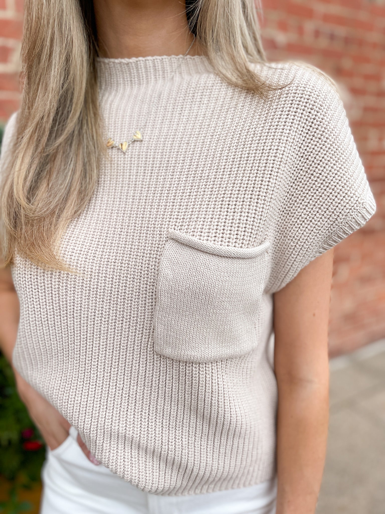 Mock Neck Cropped Sweater - Biege