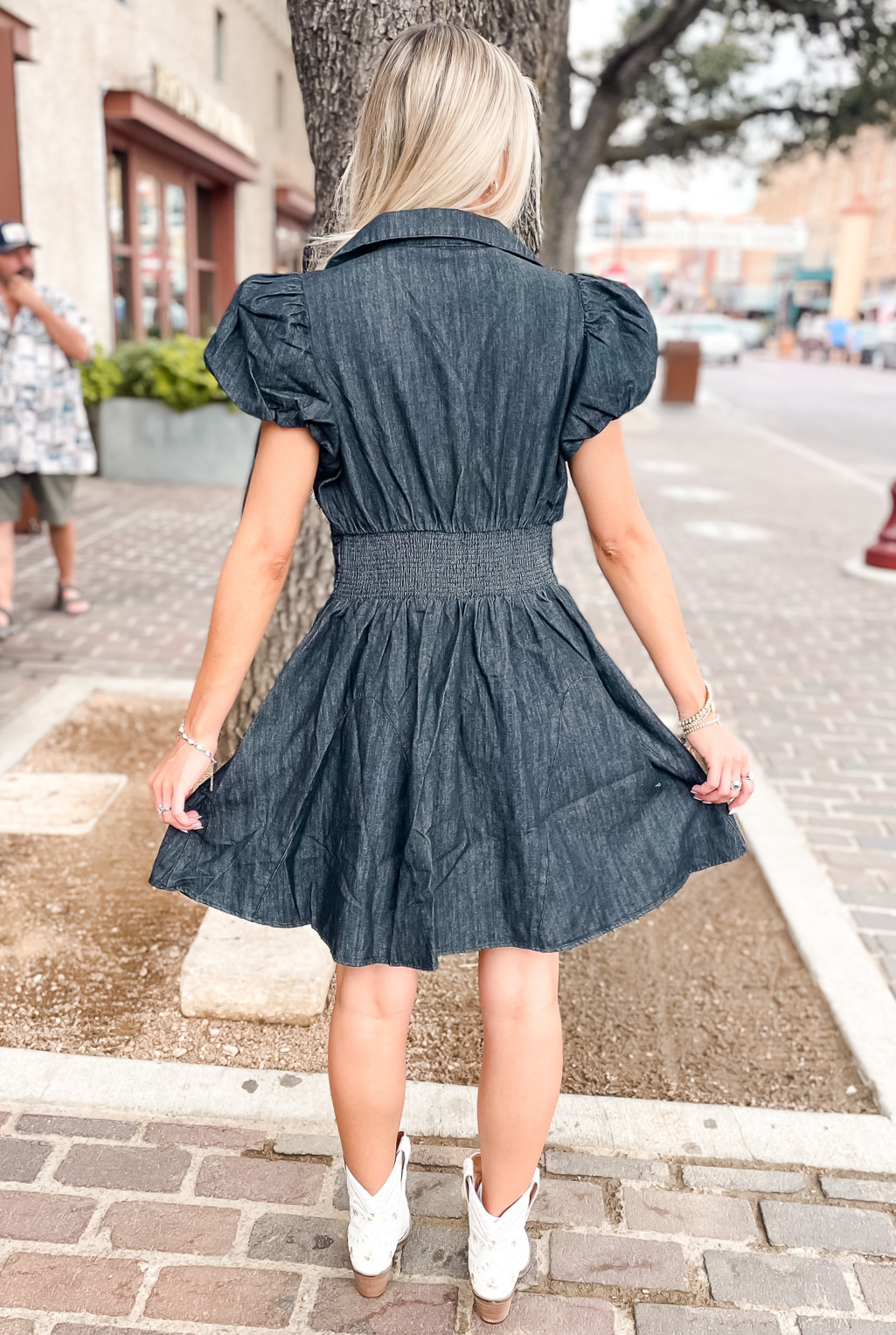 Denim Puff Sleeve Dress - Black