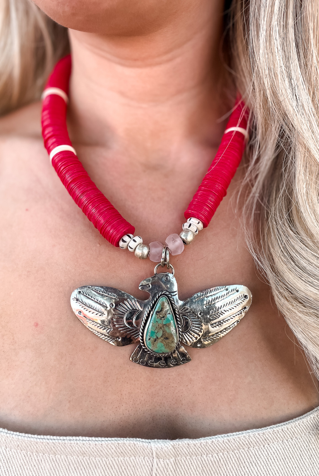 Wide Metal Red Thunderbird Necklace