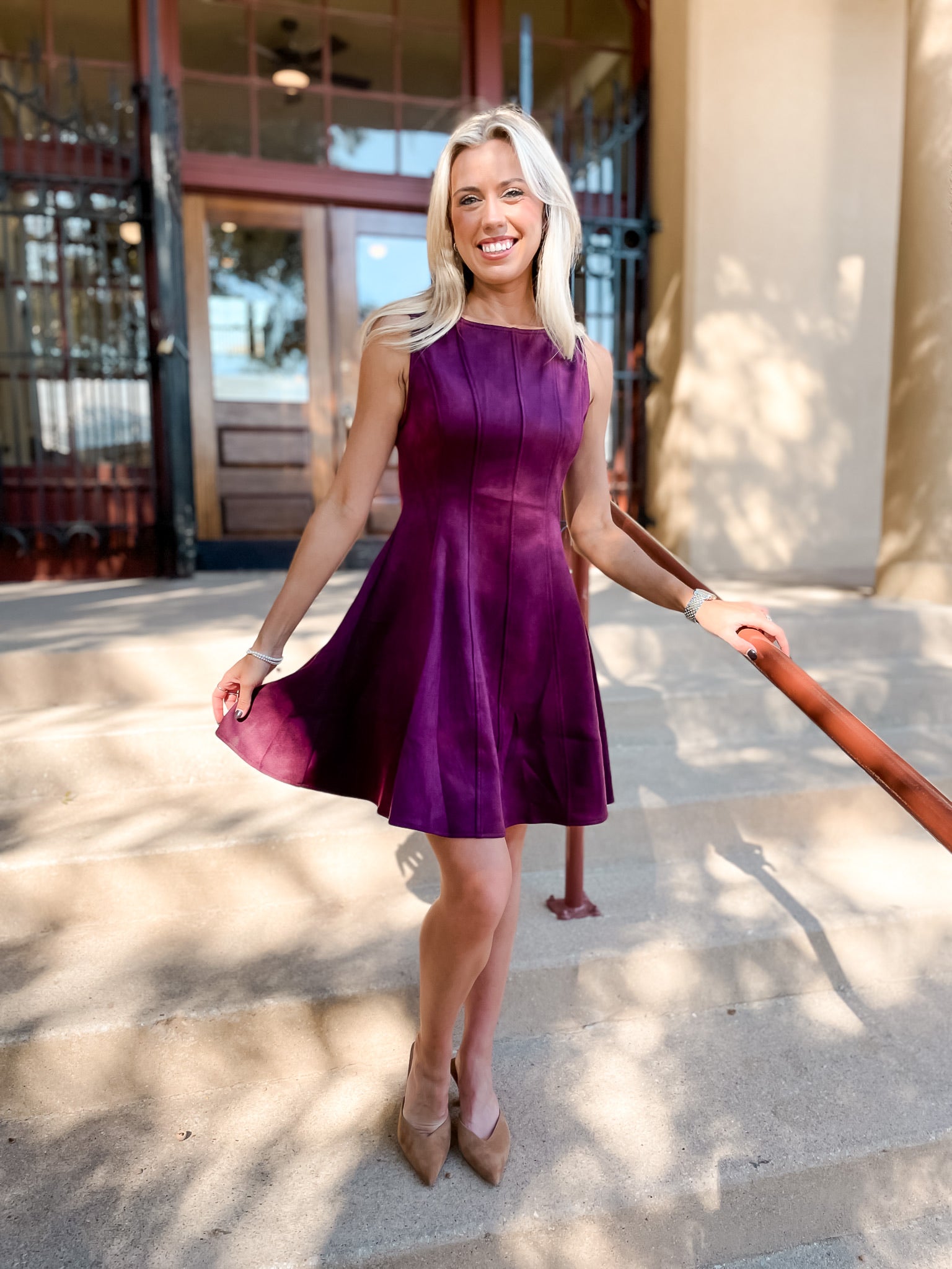 Sleeveless Suede Flare Dress - Burgundy