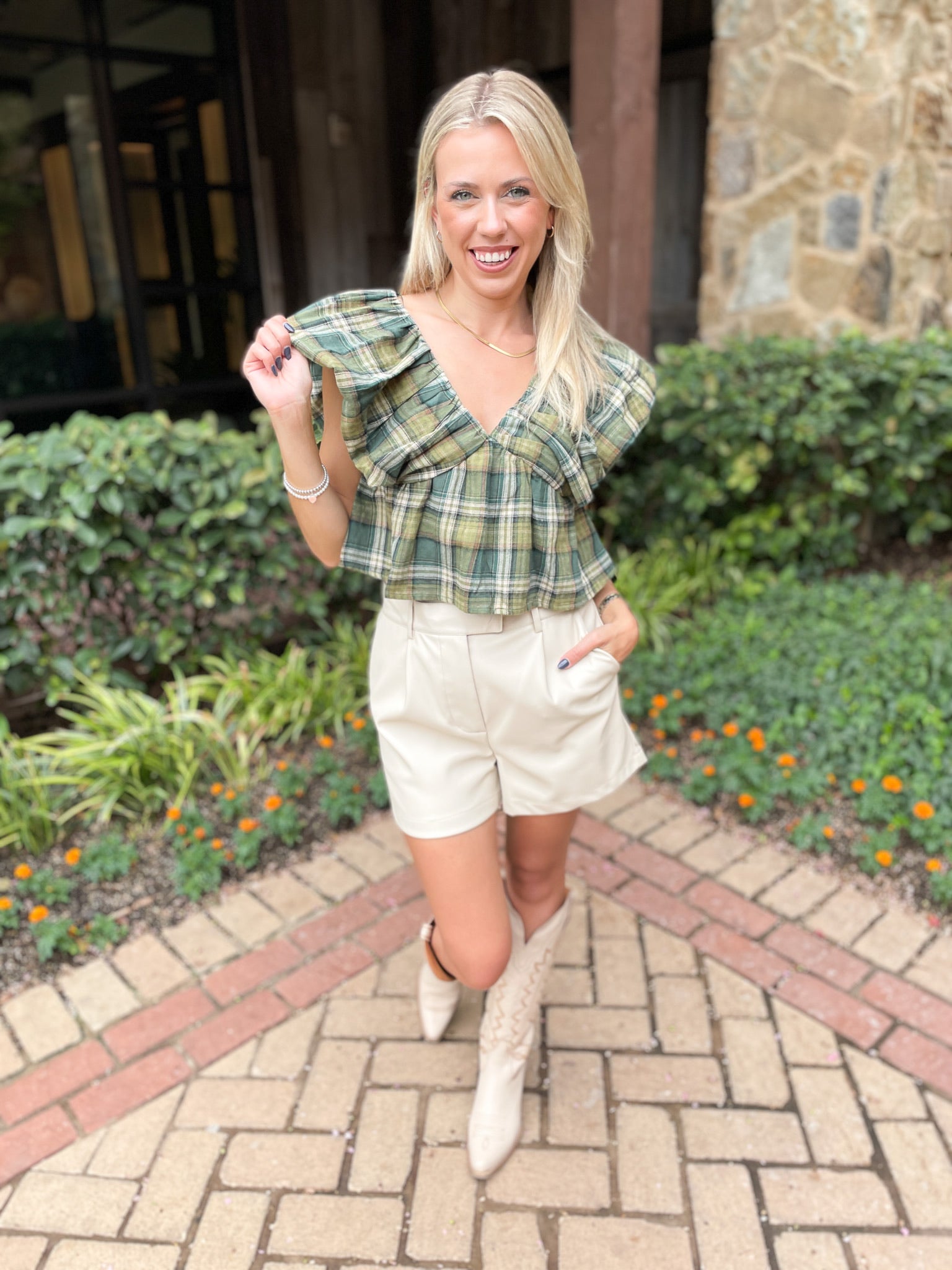 Plaid Ruffle Crop Top - Green