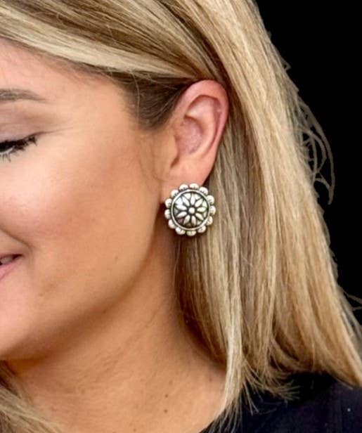 Burnished Flower Post Earring - Silver
