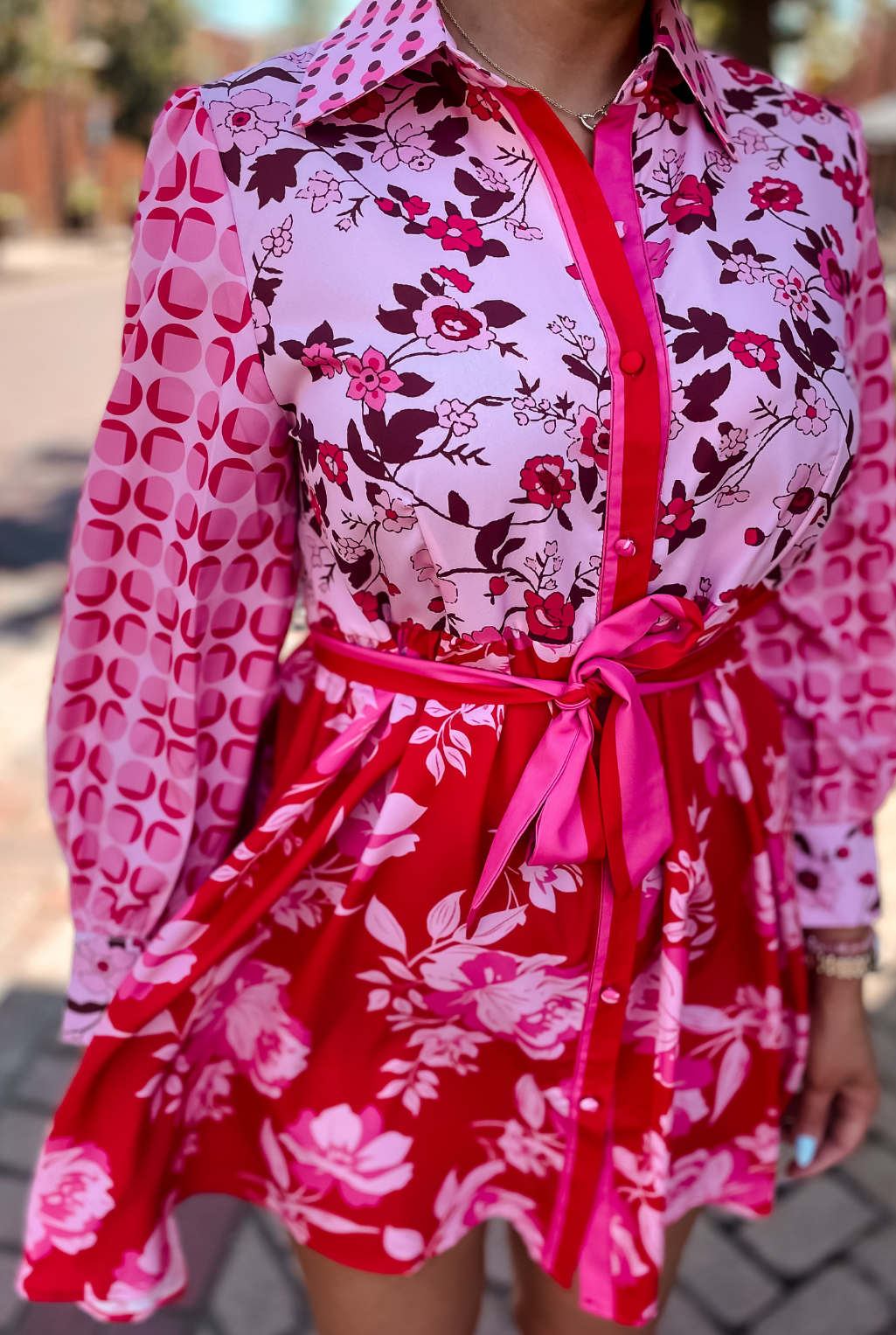 Pink Floral Color Block Dress