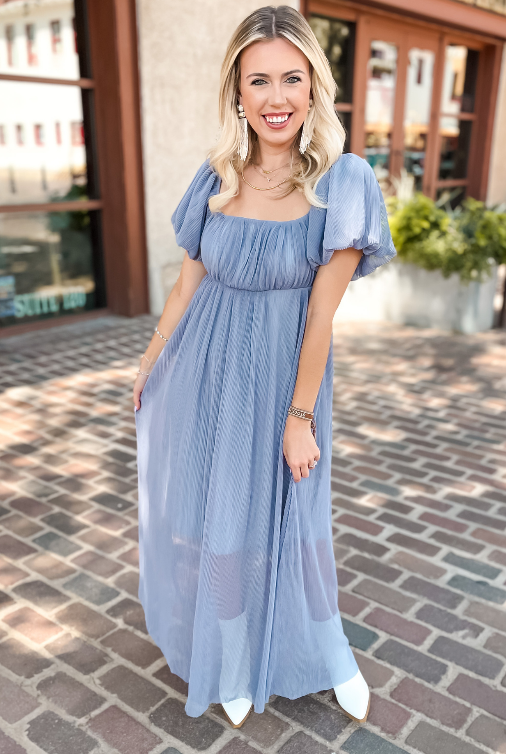 Pleated Square Neck Dress - Misty Blue