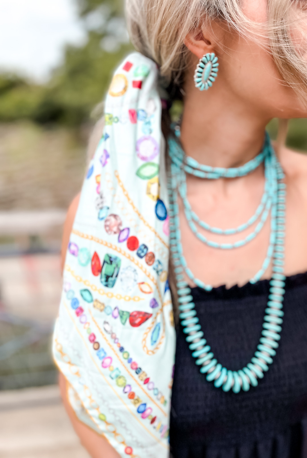 Gemstones On Turquoise Silk Square Scarf