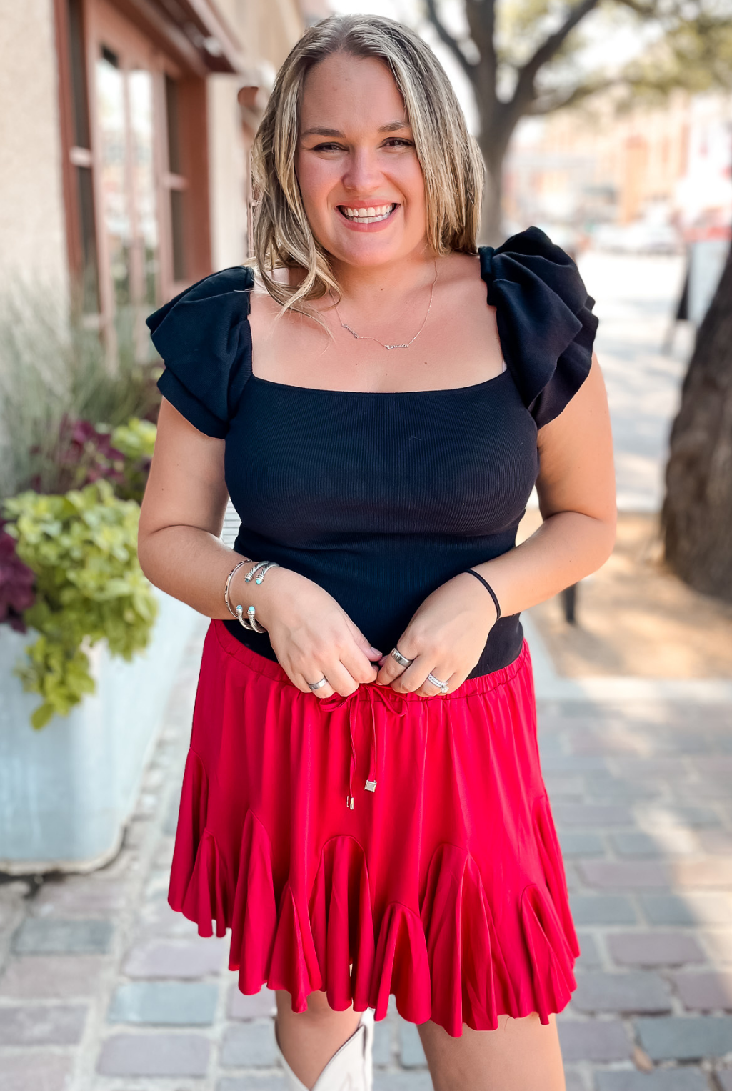Ruffled Ribbed Knit Top - Black