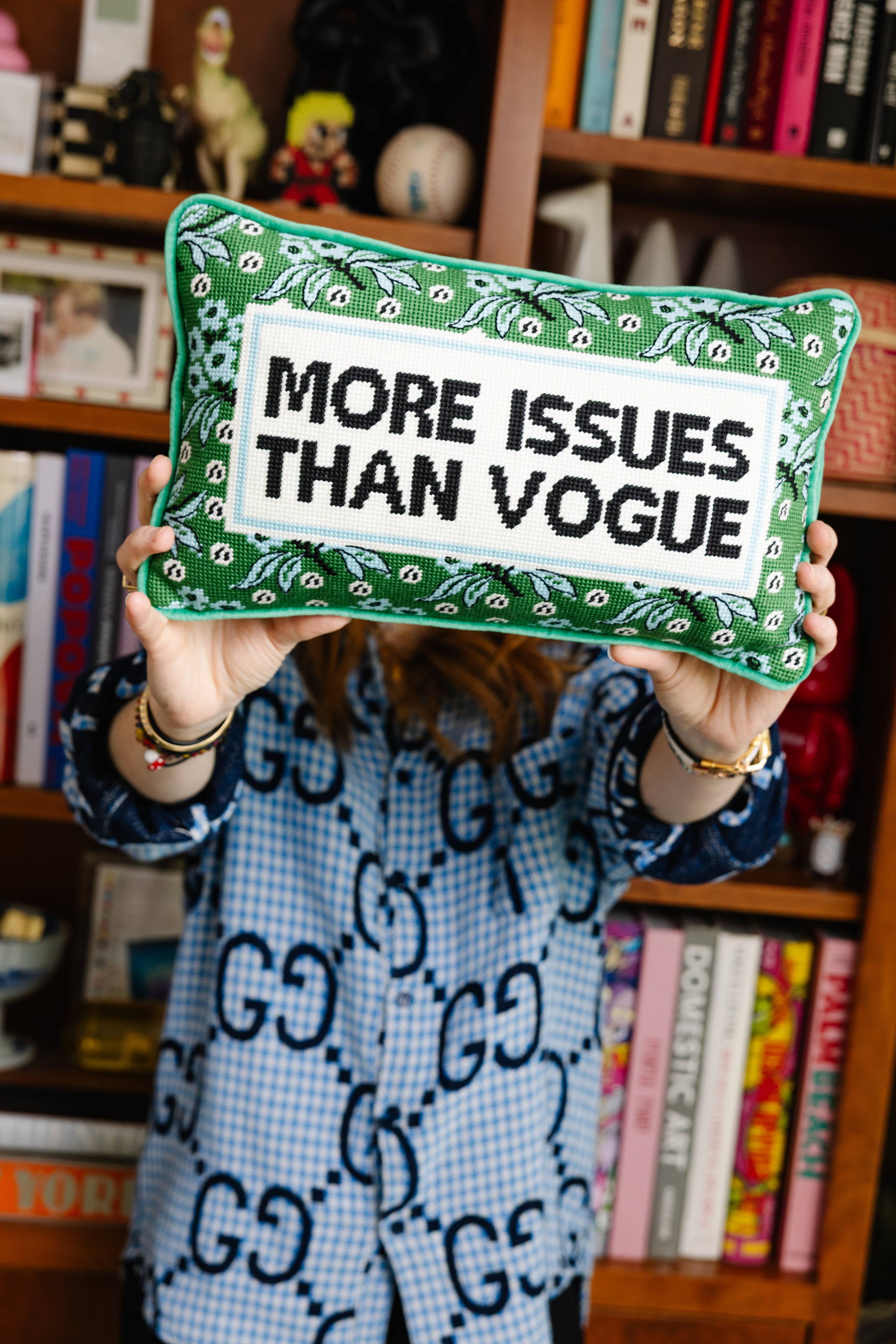 More Issues Needlepoint Pillow