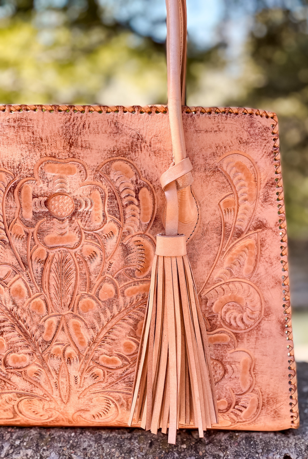 Amy Tooled Leather Handbag - Natural