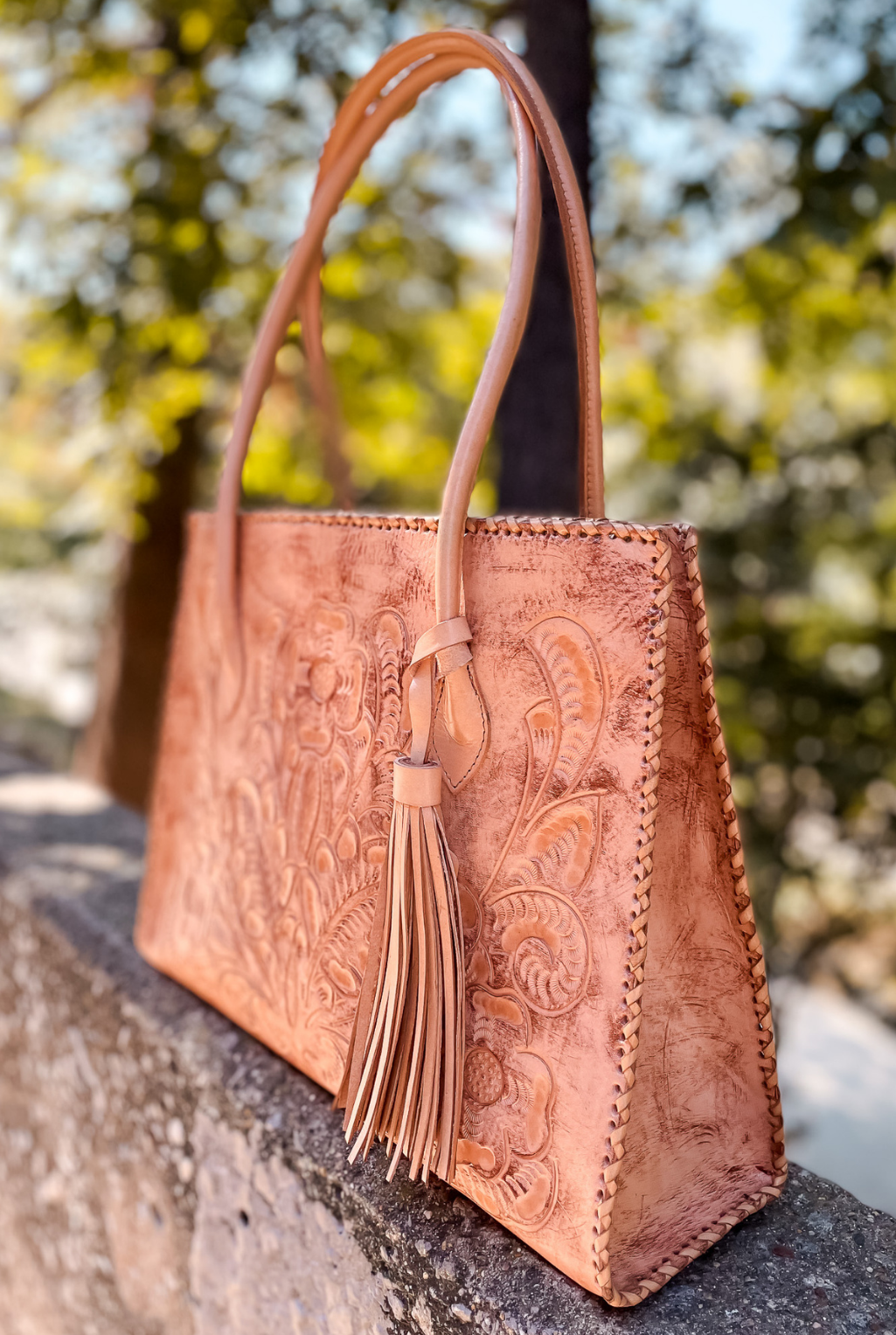 Amy Tooled Leather Handbag - Natural
