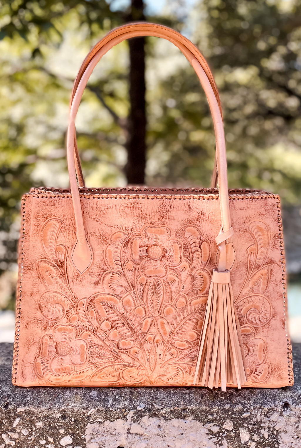Amy Tooled Leather Handbag - Natural